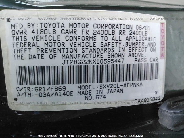 JT2BG22KX10595447 - 2001 TOYOTA CAMRY CE/LE/XLE GREEN photo 9