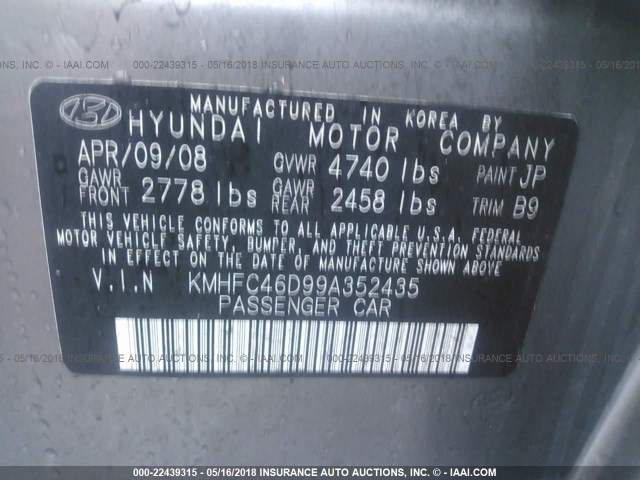 KMHFC46D99A352435 - 2009 HYUNDAI AZERA GLS GRAY photo 9