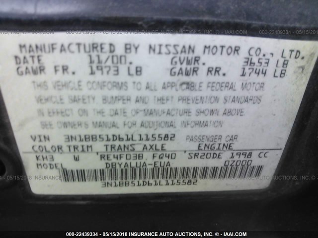 3N1BB51D61L115582 - 2001 NISSAN SENTRA SE BLACK photo 9