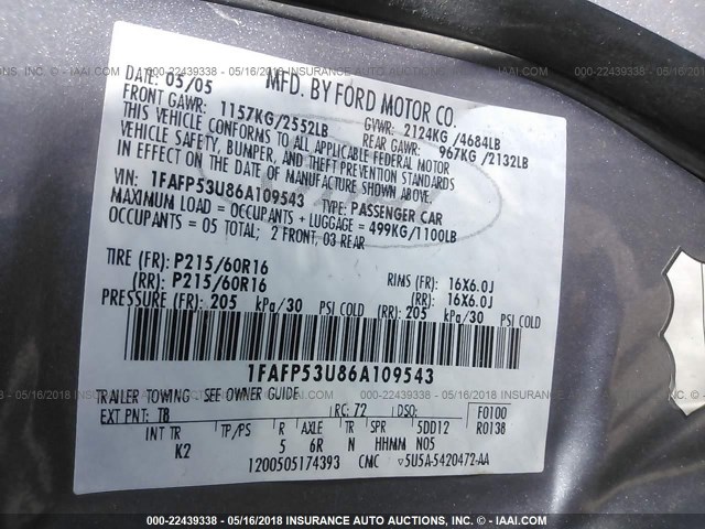 1FAFP53U86A109543 - 2006 FORD TAURUS SE SILVER photo 9