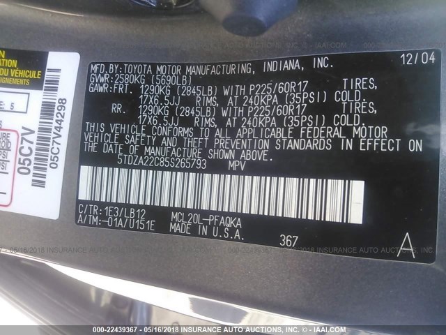 5TDZA22C85S265793 - 2005 TOYOTA SIENNA XLE/XLE LIMITED GRAY photo 9