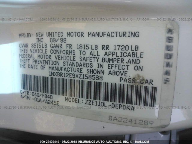 1NXBR12E9XZ158588 - 1999 TOYOTA COROLLA VE/CE/LE WHITE photo 9