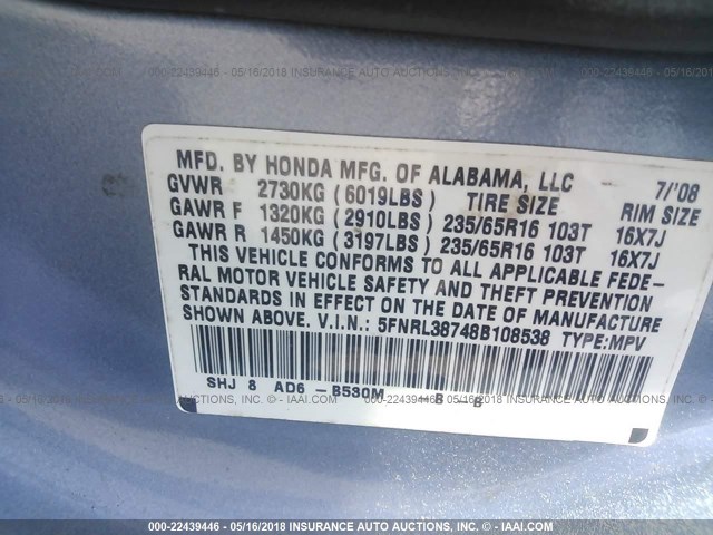 5FNRL38748B108538 - 2008 HONDA ODYSSEY EXL BLUE photo 9