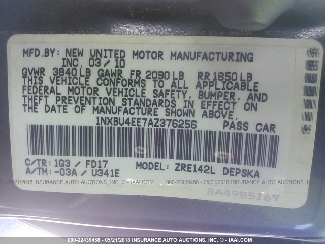 1NXBU4EE7AZ376256 - 2010 TOYOTA COROLLA S/LE/XLE ნაცრისფერი ფოტო 9