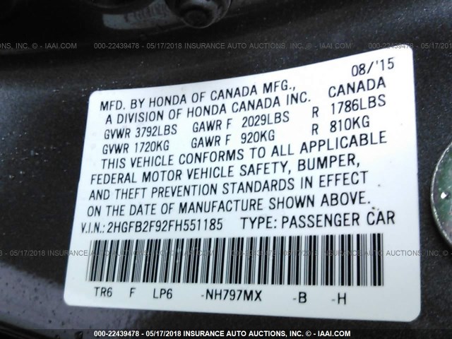 2HGFB2F92FH551185 - 2015 HONDA CIVIC EXL GRAY photo 9