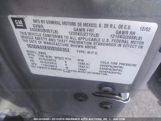 3G5DA03E93S560352 - 2003 BUICK RENDEZVOUS CX/CXL GRAY photo 9