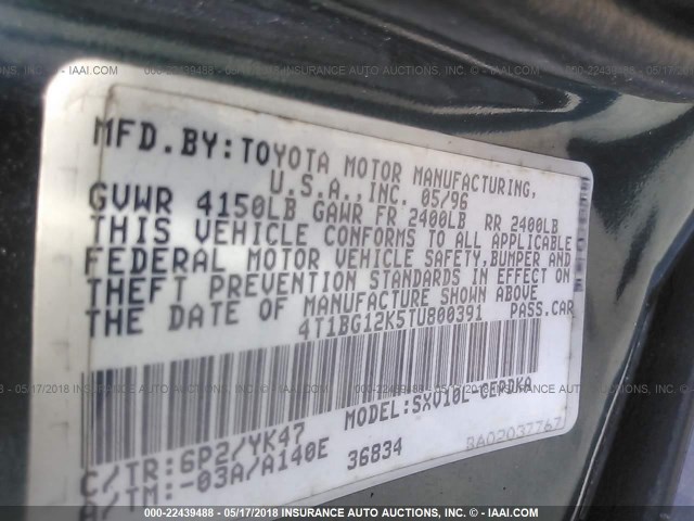 4T1BG12K5TU800391 - 1996 TOYOTA CAMRY DX/LE/XLE GREEN photo 9