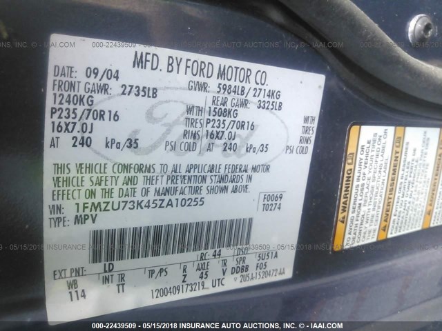 1FMZU73K45ZA10255 - 2005 FORD EXPLORER XLT/XLT SPORT/NBX BLUE photo 9