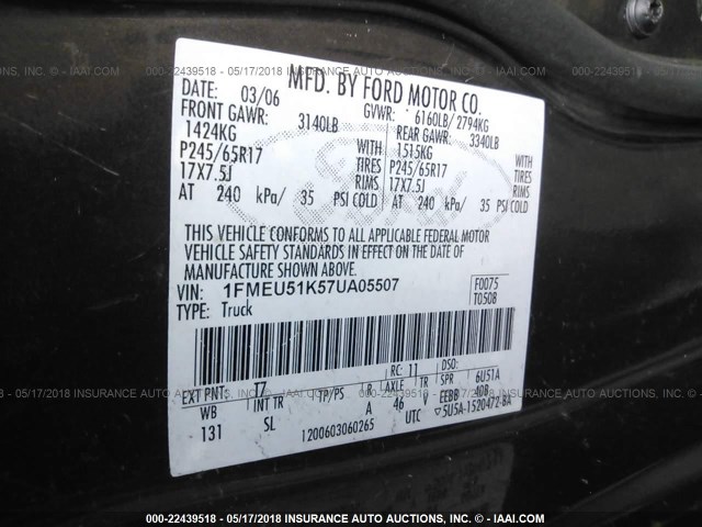 1FMEU51K57UA05507 - 2007 FORD EXPLORER SPORT TR XLT GRAY photo 9