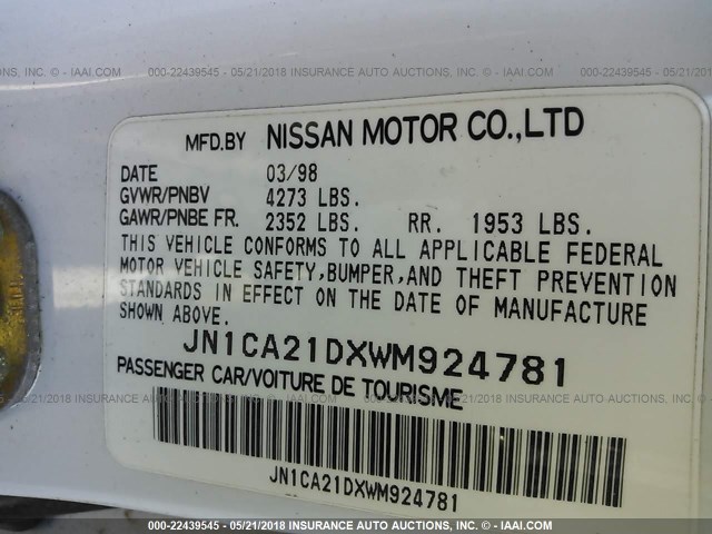 JN1CA21DXWM924781 - 1998 NISSAN MAXIMA GLE/GXE/SE WHITE photo 9