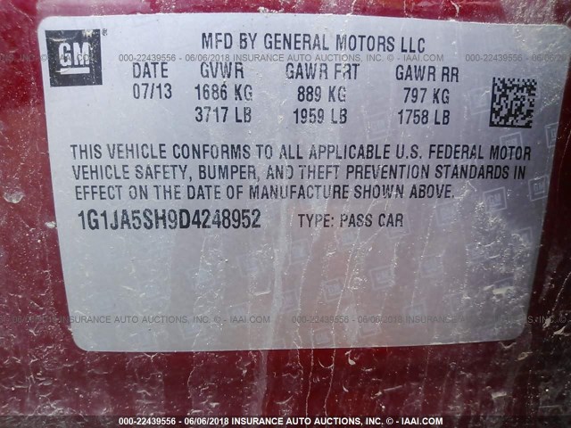 1G1JA5SH9D4248952 - 2013 CHEVROLET SONIC LS წითელი ფოტო 9