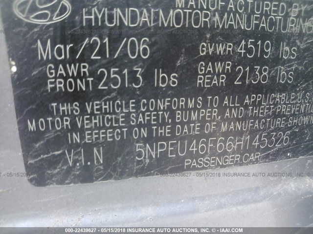 5NPEU46F66H145326 - 2006 HYUNDAI SONATA GLS/LX SILVER photo 9