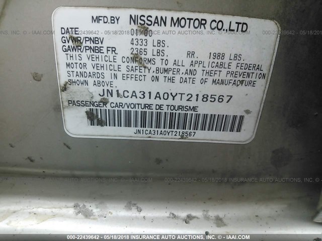 JN1CA31A0YT218567 - 2000 NISSAN MAXIMA GLE/GXE/SE Pewter photo 9