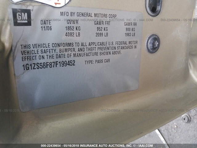 1G1ZS58F87F199452 - 2007 CHEVROLET MALIBU LS GOLD photo 9