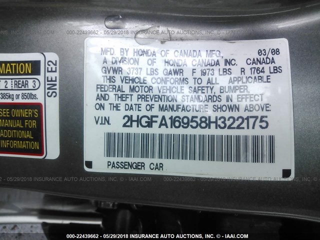 2HGFA16958H322175 - 2008 HONDA CIVIC EXL ვერცხლისფერი ფოტო 9