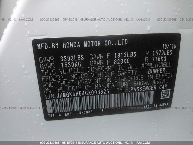 JHMGK5H54GX008625 - 2016 HONDA FIT LX WHITE photo 9