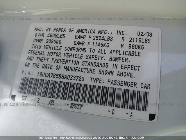 19UUA76588A033720 - 2008 ACURA TL TYPE S WHITE photo 9