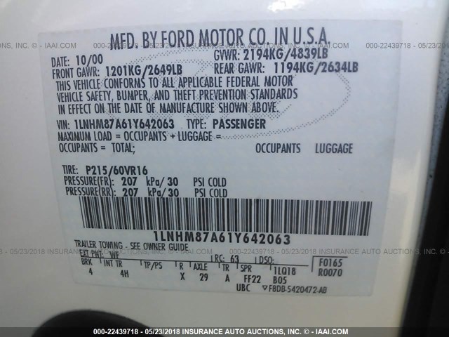 1LNHM87A61Y642063 - 2001 LINCOLN LS თეთრი ფოტო 9