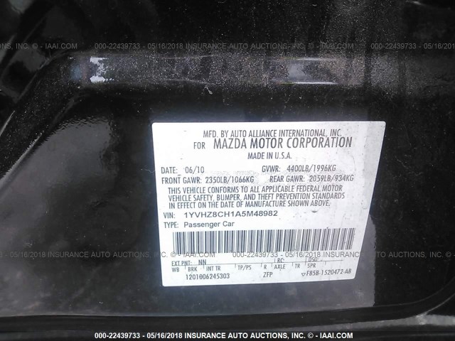 1YVHZ8CH1A5M48982 - 2010 MAZDA 6 I Czarny zdjęcie 9
