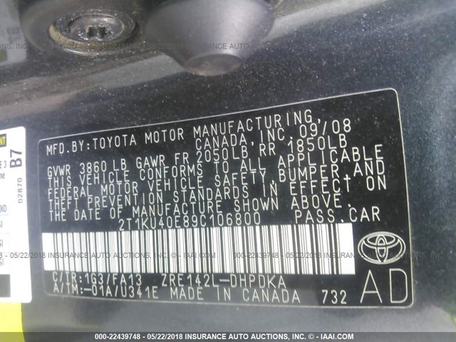 2T1KU40E89C106800 - 2009 TOYOTA COROLLA MATRIX  GRAY photo 9