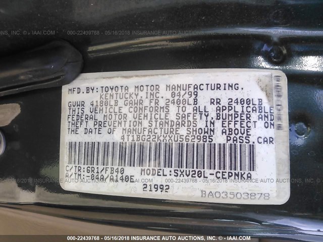 4T1BG22KXXU562985 - 1999 TOYOTA CAMRY CE/LE/XLE 绿色 照片 9
