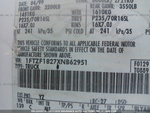 1FTZF1827XNB62951 - 1999 FORD F150 WHITE photo 9