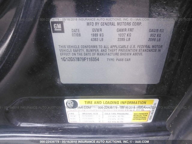 1G1ZG57B79F116354 - 2009 CHEVROLET MALIBU LS შავი ფოტო 9