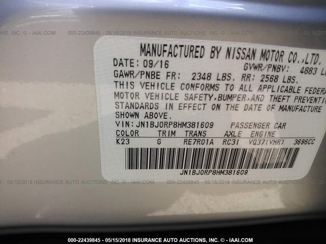 JN1BJ0RP8HM381609 - 2017 INFINITI QX50 SILVER photo 9