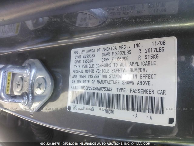 1HGCP26489A075343 - 2009 HONDA ACCORD LXP GRAY photo 9