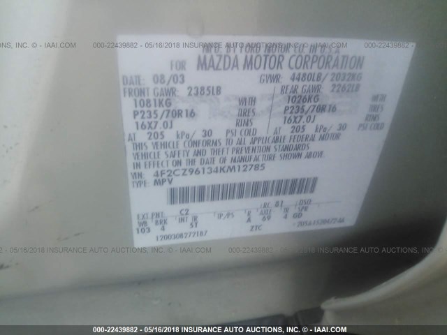 4F2CZ96134KM12785 - 2004 MAZDA TRIBUTE ES GOLD photo 9