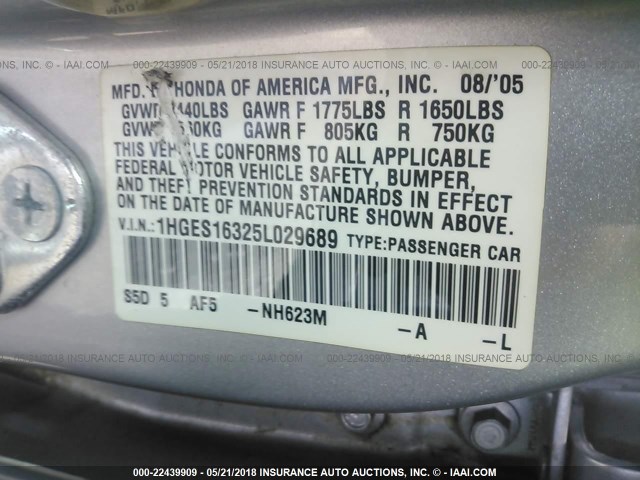 1HGES16325L029689 - 2005 HONDA CIVIC DX VP SILVER photo 9