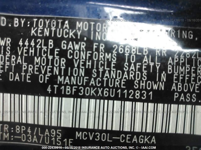 4T1BF30KX6U112831 - 2006 TOYOTA CAMRY LE/XLE/SE ლურჯი ფოტო 9