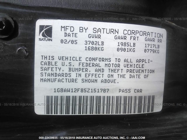 1G8AW12F85Z151787 - 2005 SATURN ION LEVEL 3 RED photo 9