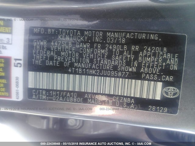 4T1B11HK2JU095877 - 2018 TOYOTA CAMRY L/LE/XLE/SE/XSE GRAY photo 9