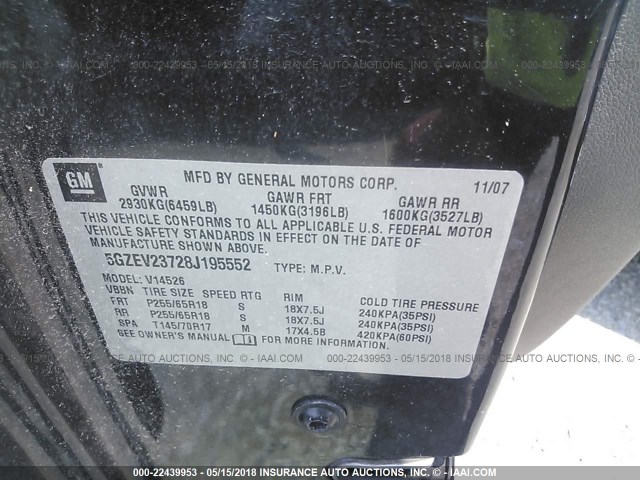 5GZEV23728J195552 - 2008 SATURN OUTLOOK XR შავი ფოტო 9