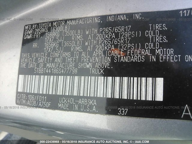 5TBBT44186S477798 - 2006 TOYOTA TUNDRA ACCESS CAB SR5 SILVER photo 9