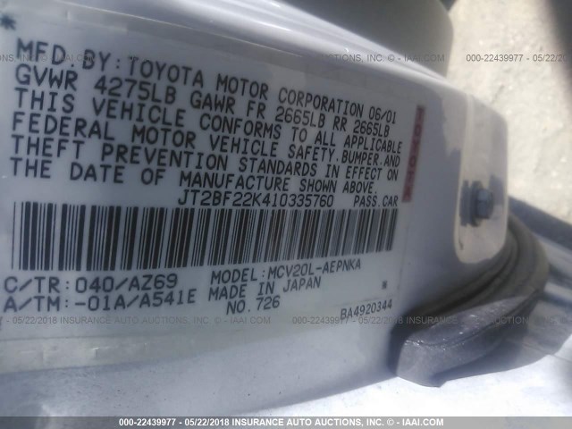 JT2BF22K410335760 - 2001 TOYOTA CAMRY CE/LE/XLE WHITE photo 9