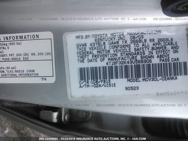 4T1BF32K43U566906 - 2003 TOYOTA CAMRY LE/XLE/SE GRAY photo 9