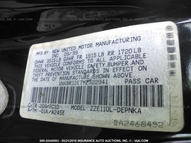 1NXBR12E7YZ322941 - 2000 TOYOTA COROLLA VE/CE/LE 黑色 照片 9