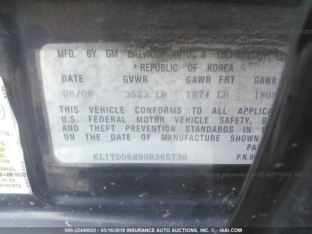 KL1TD56E99B365738 - 2009 CHEVROLET AVEO LS/LT 黑色 照片 9