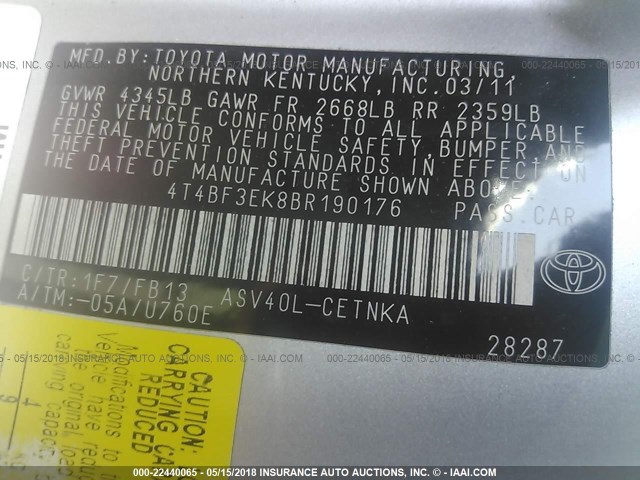 4T4BF3EK8BR190176 - 2011 TOYOTA CAMRY SE/LE/XLE 银色 照片 9