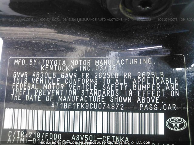 4T1BF1FK9CU074872 - 2012 TOYOTA CAMRY SE/LE/XLE BLACK photo 9