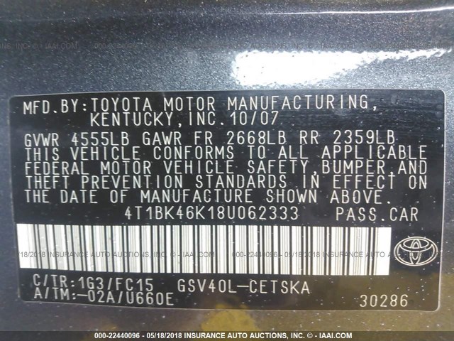 4T1BK46K18U062333 - 2008 TOYOTA CAMRY LE/XLE/SE ნაცრისფერი ფოტო 9