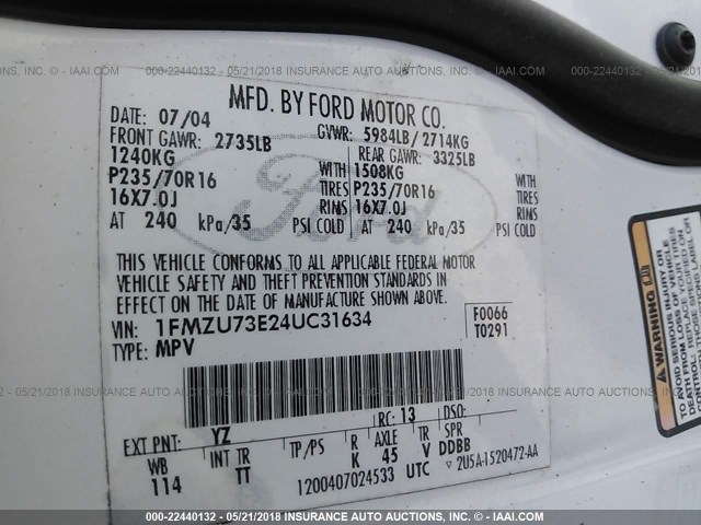 1FMZU73E24UC31634 - 2004 FORD EXPLORER XLT/XLT SPORT/NBX 白色 照片 9