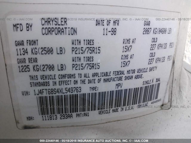 1J4FT68S4XL549763 - 1999 JEEP CHEROKEE SPORT/CLASSIC თეთრი ფოტო 9