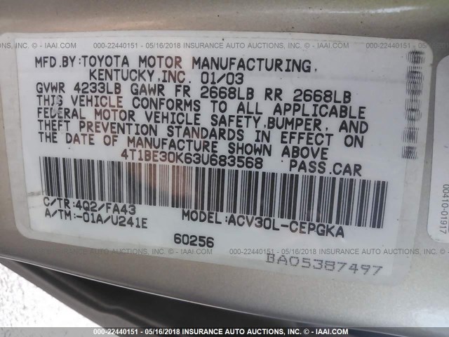 4T1BE30K63U683568 - 2003 TOYOTA CAMRY LE/XLE/SE ბეჟი ფოტო 9