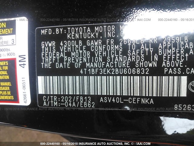 4T1BF3EK2BU606832 - 2011 TOYOTA CAMRY SE/LE/XLE BLACK photo 9