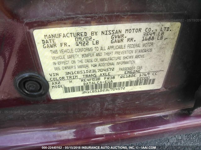 3N1CB51D23L704572 - 2003 NISSAN SENTRA XE/GXE RED photo 9