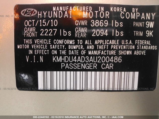 KMHDU4AD3AU200486 - 2010 HYUNDAI ELANTRA BLUE/GLS/SE GOLD photo 9