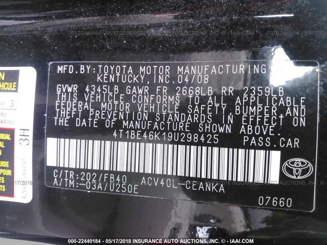 4T1BE46K19U298425 - 2009 TOYOTA CAMRY SE/LE/XLE შავი ფოტო 9